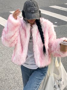 Muchica Light Pink Women's Long Sleeve Loose Open Front Faux Fur Coat - Baby Pink - View 5