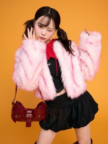 Muchica Light Pink Women's Long Sleeve Loose Open Front Faux Fur Coat - Baby Pink - View 6