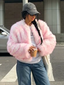 Muchica Light Pink Women's Long Sleeve Loose Open Front Faux Fur Coat - Baby Pink - View 1