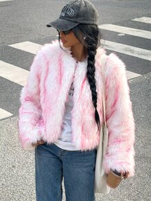 Muchica Light Pink Women's Long Sleeve Loose Open Front Faux Fur Coat - Baby Pink - View 3