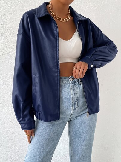 SHEIN EZwear Drop Shoulder Zip Up PU Cropped Leather Jacket In Fall/Winter