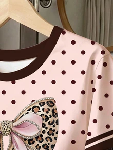 Tween Girl Blind Box  1 Set Random  From 3 Colors Includes Vintage Leopard Print Brown Solid Color Round Neck Short Sleeve Shorts Soft Loose - Multicolor - View 5