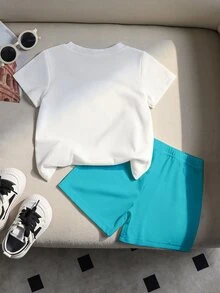 SHEIN Coolqubz Comfortable Cotton 2pcs Set Boys Toddler Casual Creative White Gradient Number 67 And Lightning Pattern Cotton T-Shirt And Matching Shorts Set Summer - Multicolor - View 4