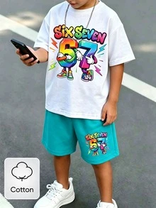 SHEIN Coolqubz Comfortable Cotton 2pcs Set Boys Toddler Casual Creative White Gradient Number 67 And Lightning Pattern Cotton T-Shirt And Matching Shorts Set Summer - Multicolor - View 3