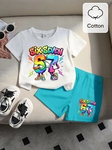 SHEIN Coolqubz Comfortable Cotton 2pcs Set Boys Toddler Casual Creative White Gradient Number 67 And Lightning Pattern Cotton T-Shirt And Matching Shorts Set Summer - Multicolor - View 2