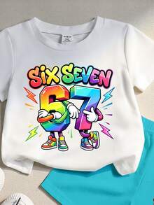 SHEIN Coolqubz Comfortable Cotton 2pcs Set Boys Toddler Casual Creative White Gradient Number 67 And Lightning Pattern Cotton T-Shirt And Matching Shorts Set Summer - Multicolor - View 5