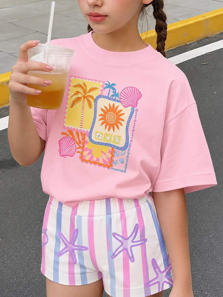 SHEIN Sparklyn 女童棕榈树贝壳印花圆领T恤和条纹休闲短裤套装 - 彩色 - 查看 1