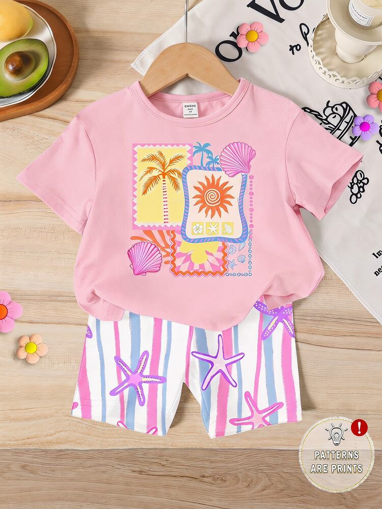 SHEIN Sparklyn طقم تي شيرت رقبة دائرية مع طباعة أشجار النخيل والصدف وشورت كاجوال مخطط للفتيات الصغيرات - متعدد الألوان - مشاهدة 7