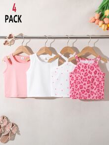 SHEIN Genkimix Kids 4件組少女可愛波西米亞Y2K風白色夏季粉色豹紋獵豹愛心圖案無袖掛脖圓領背心上衣 - 彩色 - 查看 4