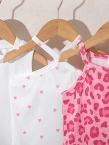 SHEIN Genkimix Kids 4件組少女可愛波西米亞Y2K風白色夏季粉色豹紋獵豹愛心圖案無袖掛脖圓領背心上衣 - 彩色 - 查看 6