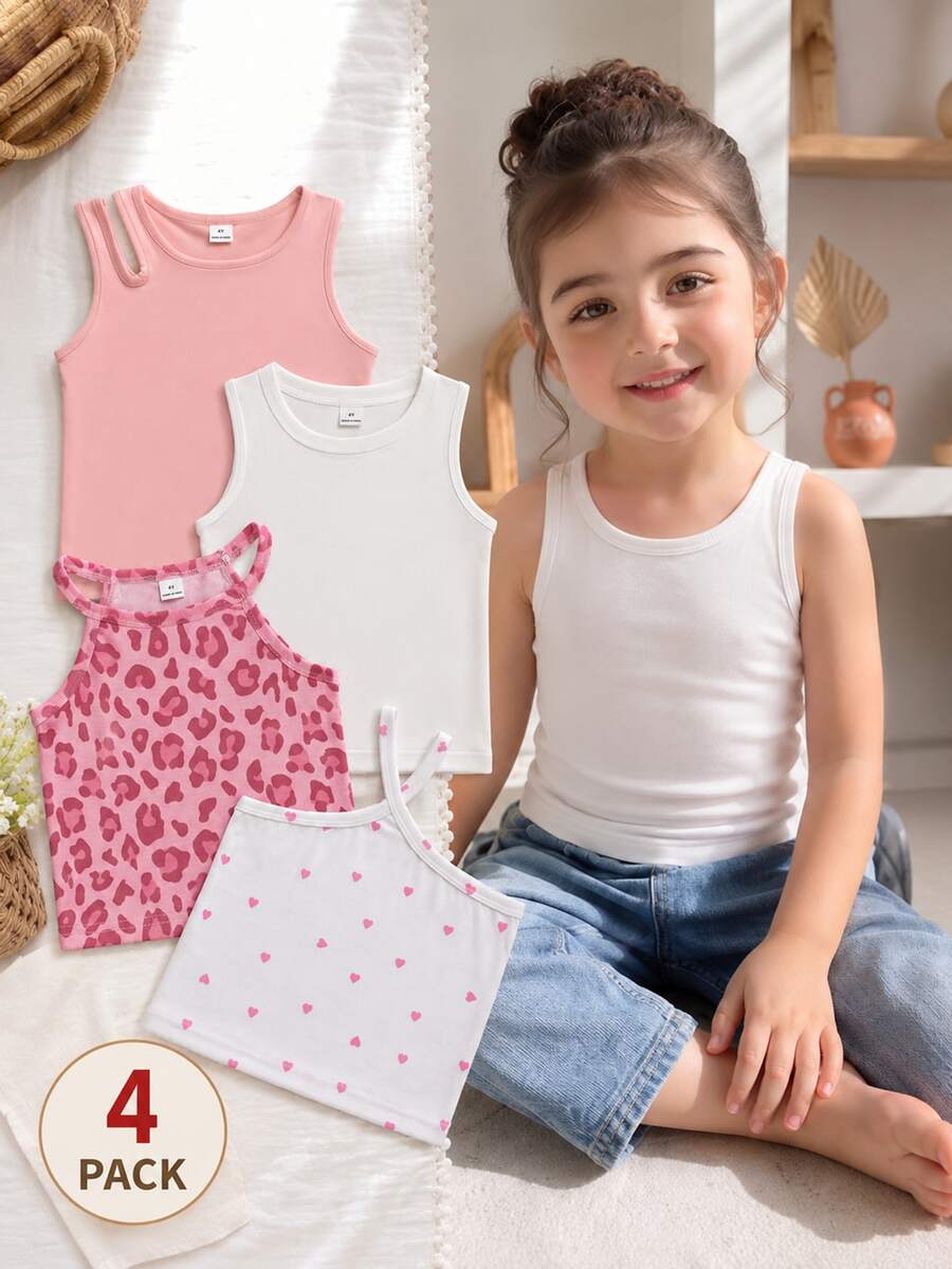 SHEIN Genkimix Kids 4件組少女可愛波西米亞Y2K風白色夏季粉色豹紋獵豹愛心圖案無袖掛脖圓領背心上衣 - 彩色 - 查看 1