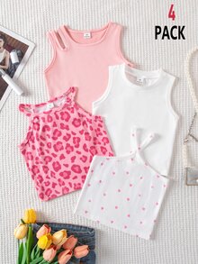 SHEIN Genkimix Kids 4件組少女可愛波西米亞Y2K風白色夏季粉色豹紋獵豹愛心圖案無袖掛脖圓領背心上衣 - 彩色 - 查看 5