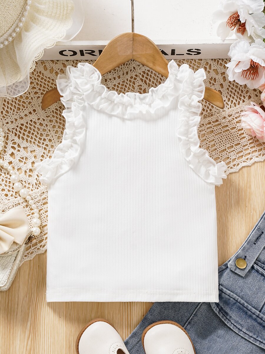 SHEIN Genkimix Kids Young Girls Fashionable Solid Color Ruffled Tank Top For Summer - White - View 1