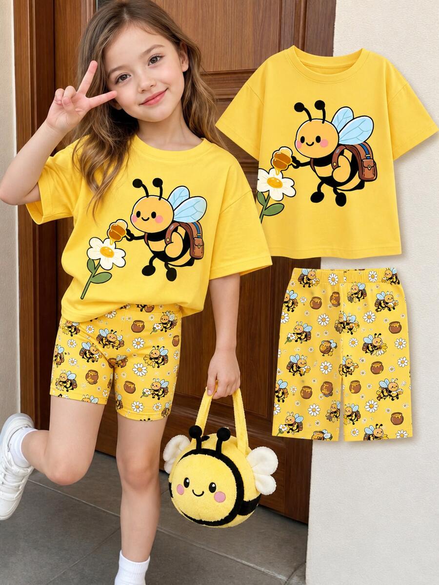 Girls Toddler Cartoon Backpack Bee Flower Jar Print Basic Short T-Shirt And Cycling Pants Set Summer Daily School Sports Outfit Back-To-School - Multicolor - View 1
