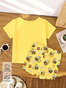 Girls Toddler Cartoon Backpack Bee Flower Jar Print Basic Short T-Shirt And Cycling Pants Set Summer Daily School Sports Outfit Back-To-School - Multicolor - View 2
