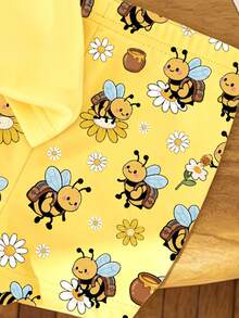 Girls Toddler Cartoon Backpack Bee Flower Jar Print Basic Short T-Shirt And Cycling Pants Set Summer Daily School Sports Outfit Back-To-School - Multicolor - View 6
