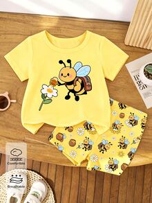 Girls Toddler Cartoon Backpack Bee Flower Jar Print Basic Short T-Shirt And Cycling Pants Set Summer Daily School Sports Outfit Back-To-School - Multicolor - View 8