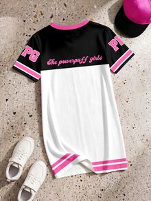 THE POWERPUFF GIRLS X SHEIN GraphicGems 少女休闲日常通勤可爱卡通印花撞色圆领短袖T恤裙，夏季 - 彩色 - 查看 2