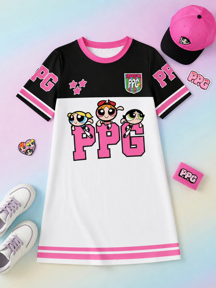 THE POWERPUFF GIRLS X SHEIN GraphicGems 少女休闲日常通勤可爱卡通印花撞色圆领短袖T恤裙,夏季 - 彩色 - 查看 1
