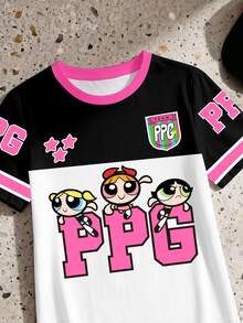 THE POWERPUFF GIRLS X SHEIN GraphicGems 少女休闲日常通勤可爱卡通印花撞色圆领短袖T恤裙，夏季 - 彩色 - 查看 4