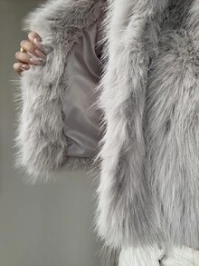 SHEIN Unity 1件女士奢华优雅仿毛皮内衬外套，酒红色 - 淺灰色 - 查看 8