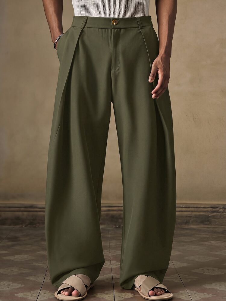 HIMLAND Men's Party Woven Fashion Casual Loose Fit Khaki Solid Color Elastic Waist Straight Leg Curved Hem Pants, Suitable For Summer, Autumn, Vacation, Daily Wear, Party, Couple Outfit, Men's Gift - Army Green - View 7