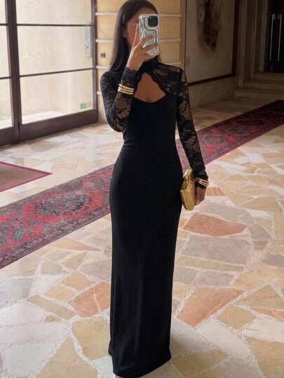 Aloruh Abito da donna stile francese con ritagli sexy in pizzo patchwork, outfit autunnale, abito elegante da festa, abito nero elegante e romantico con pannelli in pizzo