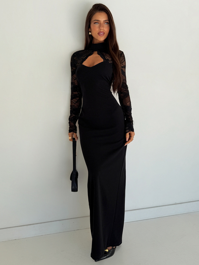 Aloruh Women's French Style Cutout Sexy Lace Patchwork Dress Fall Outfits Elegant Dresses For Women Party Dress Black Dress Elegant And Romantic Lace-Panel
