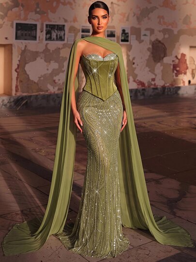 Glamrae Elegant Olive Green Sequin Satin Chiffon Cape Sweetheart Corset Lace Up Beaded Ruched Bodycon Slit Floor Length Train Summer Prom Formal Evening Gown