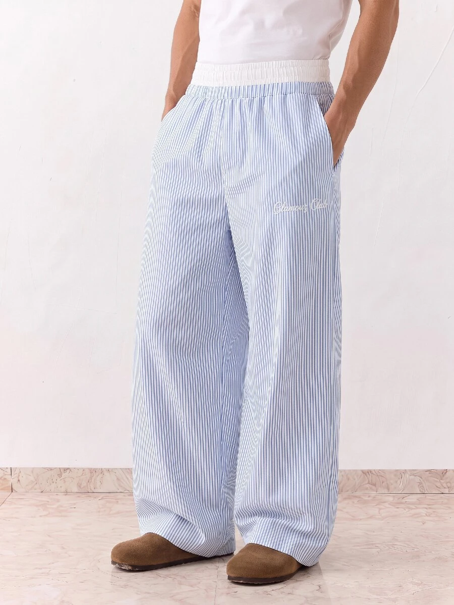 SWAVVY Men's Woven Fashion Casual Loose Straight Leg Pants With Striped Patchwork Waistband - Blue - View 1