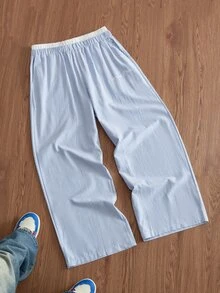 SWAVVY Men's Woven Fashion Casual Loose Straight Leg Pants With Striped Patchwork Waistband - Blue - View 3