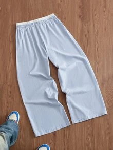 SWAVVY Men's Woven Fashion Casual Loose Straight Leg Pants With Striped Patchwork Waistband - Blue - View 4
