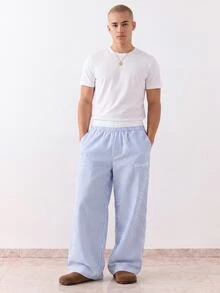 SWAVVY Men's Woven Fashion Casual Loose Straight Leg Pants With Striped Patchwork Waistband - Blue - View 2