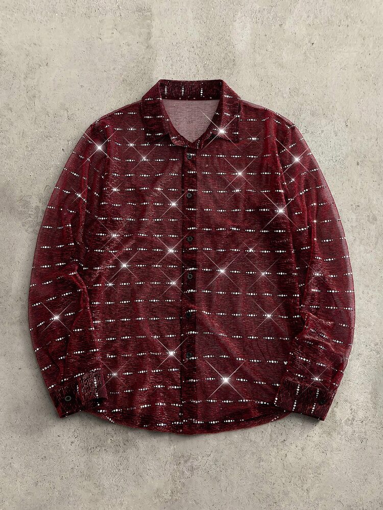 HIMLAND Men's Gold & Silver Metallic Thread Long Sleeve Shirt Party ,Birthday Gifts For Men - Burgundy - View 2
