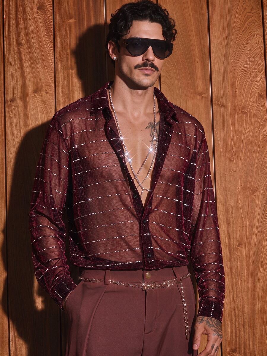 HIMLAND Men's Gold & Silver Metallic Thread Long Sleeve Shirt Party ,Birthday Gifts For Men - Burgundy - View 1