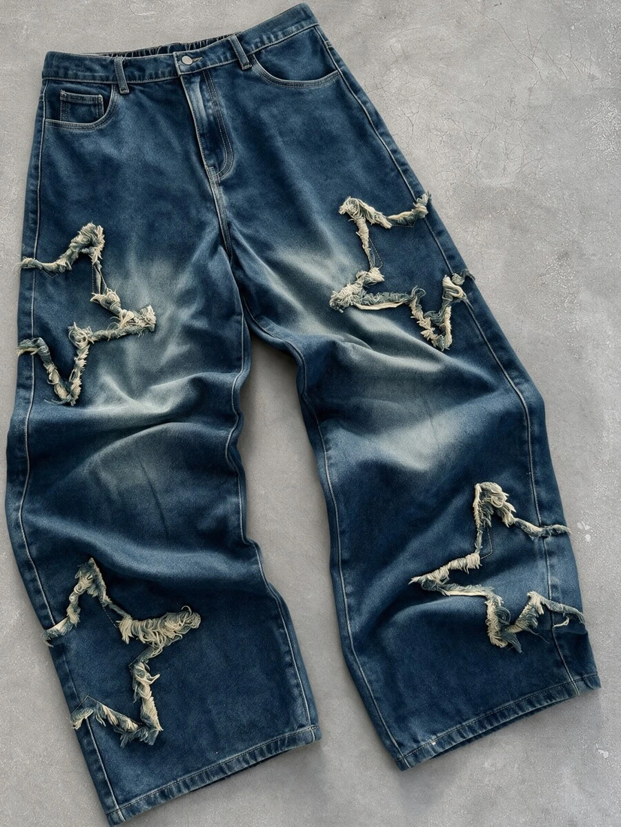 Mainfolk Men's Rapper Athleisure Grunge Fringed Star Washed Straight Loose Wide-Leg Casual Jeans,Back To School Suitable For All Seasons,Y2K,Streetwear - Blue - View 1