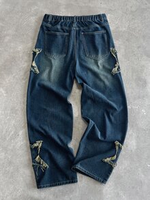 Mainfolk 男士饒舌歌手運動休閒風 搖滾破舊風 刷色星紋流蘇 直筒寬鬆闊腿休閒牛仔褲，開學季適用，四季皆宜，Y2K街頭風 - 藍色 - 查看 3