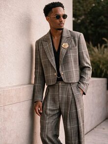 HIMLAND Men's Fashion Retro Plaid Jacket & Pants Suit Set - Brown - View 2