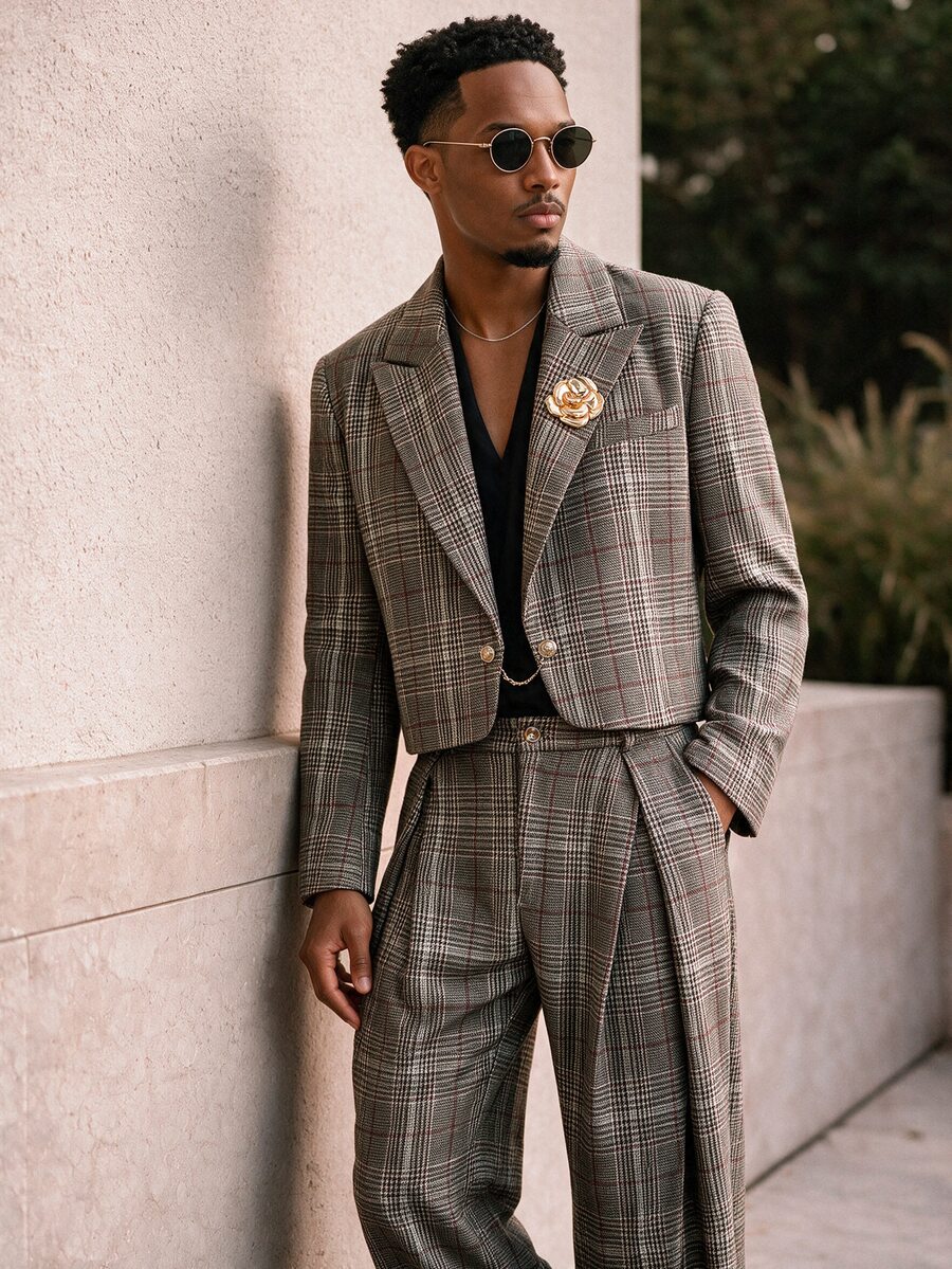 HIMLAND Men's Fashion Retro Plaid Jacket & Pants Suit Set - Brown - View 1