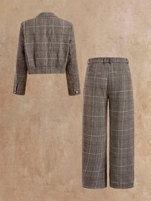 HIMLAND Men's Fashion Retro Plaid Jacket & Pants Suit Set - Brown - View 3