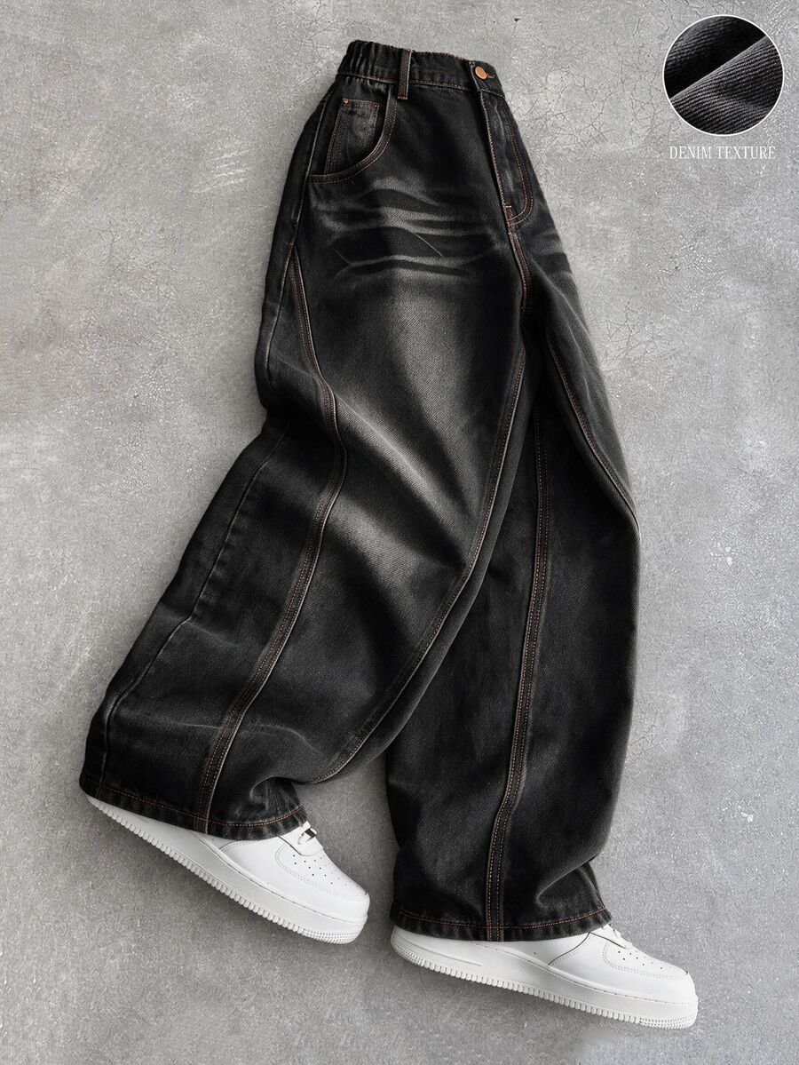 Mainfolk Men's Clothes ,Rapper Athleisure Grunge Washed Straight Loose Wide-Leg Casual Jeans,Back To School Suitable For All Seasons,Y2K,Streetwear - Black - View 1