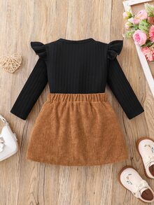 SHEIN Elladie kids Toddler Fall Winter Set, Black Ruffle Flutter‑Sleeve Top & Caramel‑Brown Big‑Bow Mini Skirt, Retro‑Chic For Daily Wear & Photos - Black - View 2