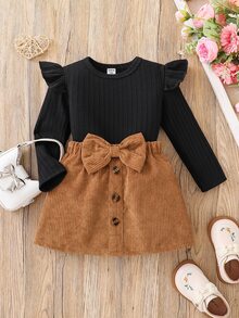 SHEIN Elladie kids Toddler Fall Winter Set, Black Ruffle Flutter‑Sleeve Top & Caramel‑Brown Big‑Bow Mini Skirt, Retro‑Chic For Daily Wear & Photos - Black - View 3
