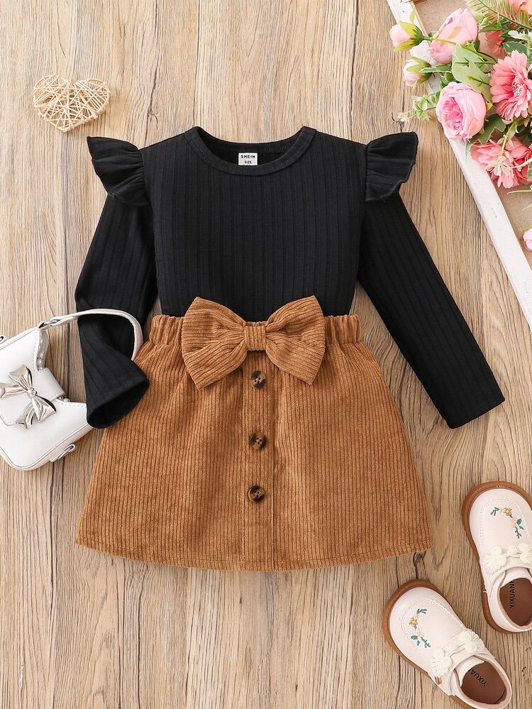 SHEIN Elladie kids Toddler Fall Winter Set, Black Ruffle Flutter‑Sleeve Top & Caramel‑Brown Big‑Bow Mini Skirt, Retro‑Chic For Daily Wear & Photos - Black - View 3