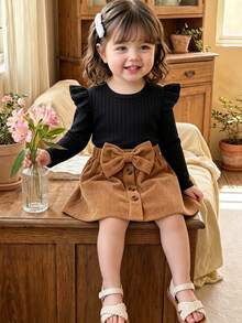 SHEIN Elladie kids Toddler Fall Winter Set, Black Ruffle Flutter‑Sleeve Top & Caramel‑Brown Big‑Bow Mini Skirt, Retro‑Chic For Daily Wear & Photos - Black - View 1