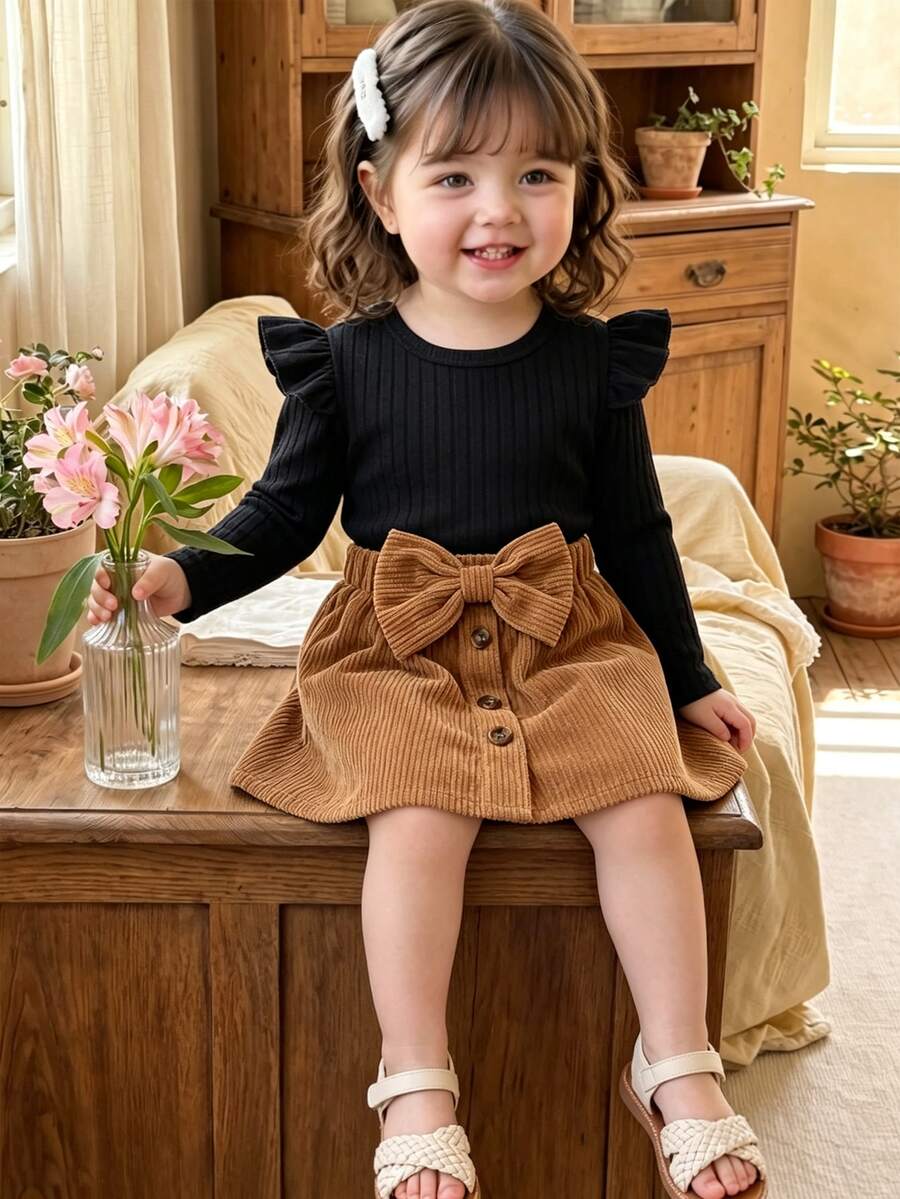 SHEIN Elladie kids Toddler Fall Winter Set, Black Ruffle Flutter‑Sleeve Top & Caramel‑Brown Big‑Bow Mini Skirt, Retro‑Chic For Daily Wear & Photos - Black - View 1