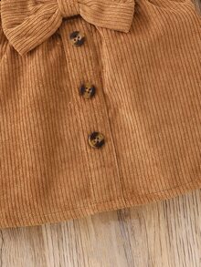 SHEIN Elladie kids Toddler Fall Winter Set, Black Ruffle Flutter‑Sleeve Top & Caramel‑Brown Big‑Bow Mini Skirt, Retro‑Chic For Daily Wear & Photos - Black - View 7