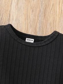 SHEIN Elladie kids 幼兒秋冬套裝，黑色荷葉邊飛袖上衣與焦糖棕大蝴蝶結迷你裙，復古時尚風格，適合日常穿著與拍照 - 黑色 - 查看 4