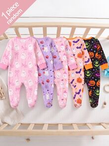 SHEIN 【隨機發貨1款/共5款】春秋款新生兒萬聖節連身睡衣，可愛幽靈蝴蝶結南瓜印花萬聖節卡通幽靈南瓜嬰兒連腳連身衣 - 彩色 - 查看 2