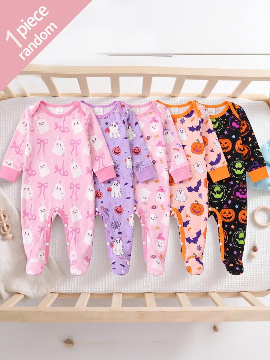 SHEIN 【隨機發貨1款/共5款】春秋款新生兒萬聖節連身睡衣,可愛幽靈蝴蝶結南瓜印花萬聖節卡通幽靈南瓜嬰兒連腳連身衣 - 彩色 - 查看 1